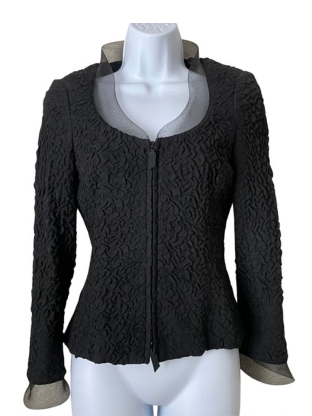 Akris Jacket Womens US 6 Black Textured Silk Zip Front Mesh Trim Quiet Luxury